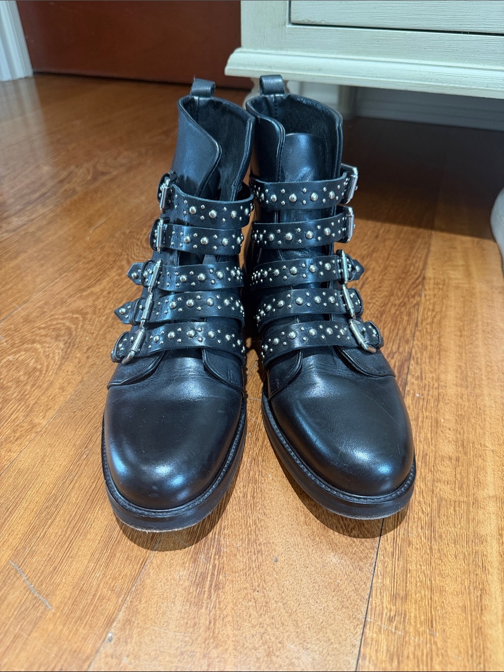 Studded Black Leather Ankle Boots with Buckle Straps